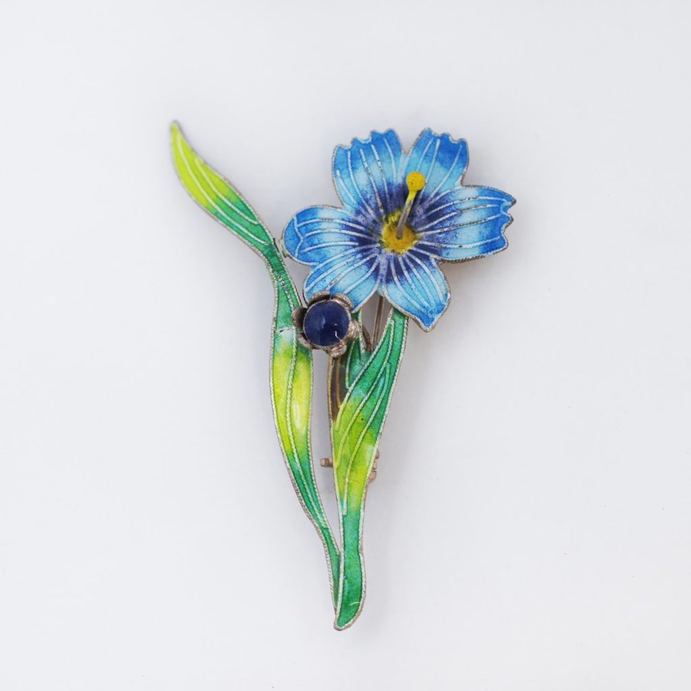 Zarah 925 Sterling Silver Enamel Vintage Blue Flower Pin